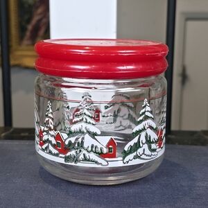 VTG KIG Indonesia Embossed Clear Glass Christmas Cookie Jar Canister Winter